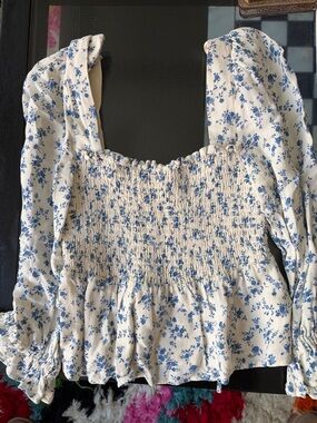 Reformation Blue Floral Smocked Square-Neck Top (Never Worn)